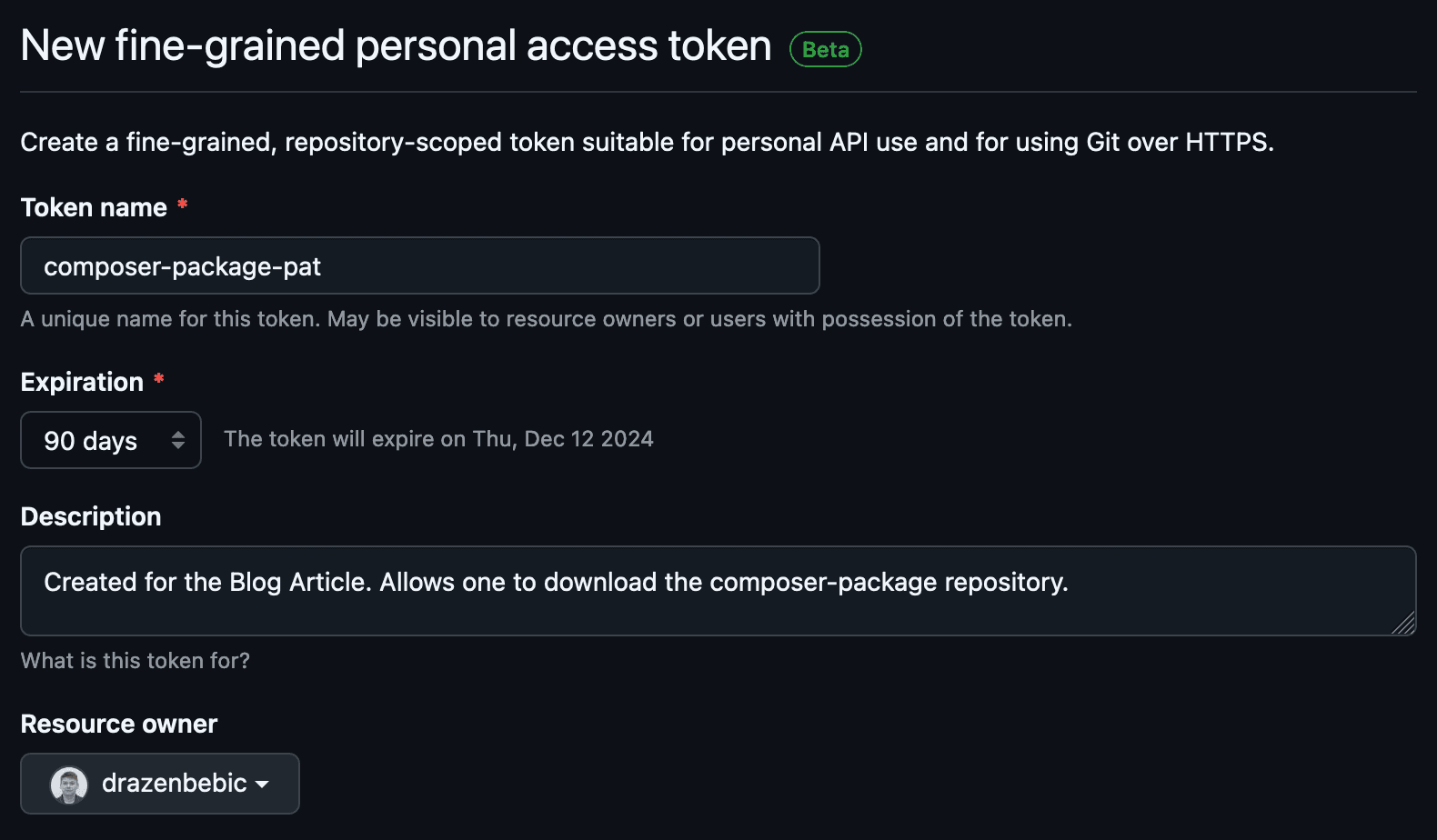 New fine-grained personal access token